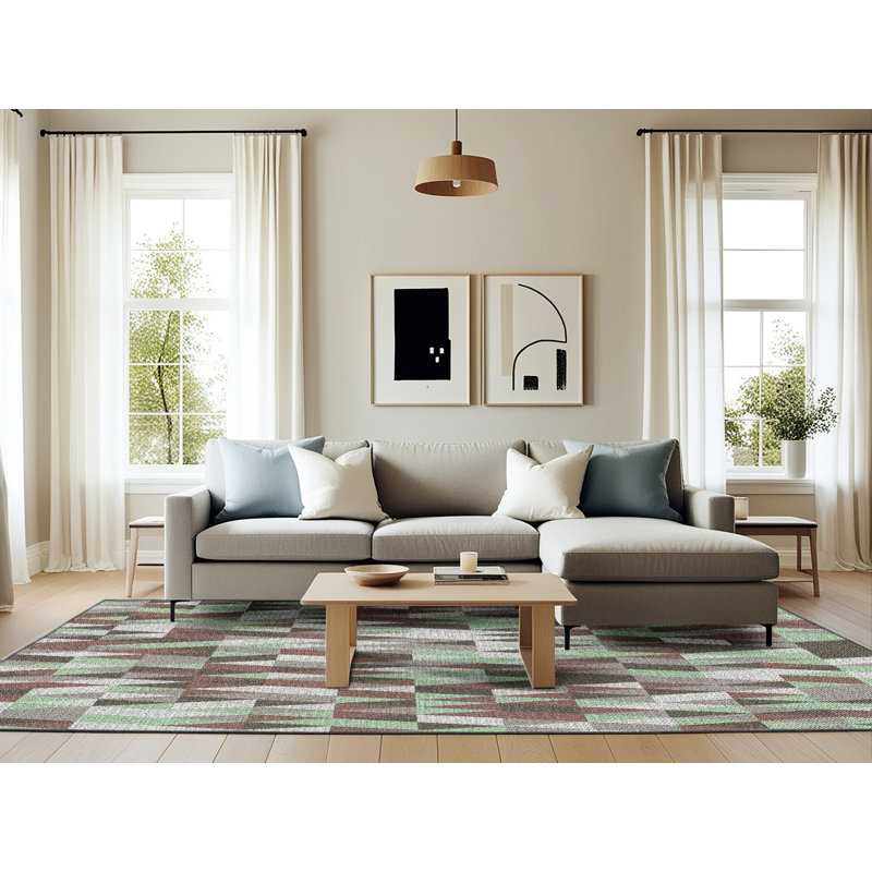 Tapis brun/vert tissé à la machine, Rectangle 6 pi x 9 pi