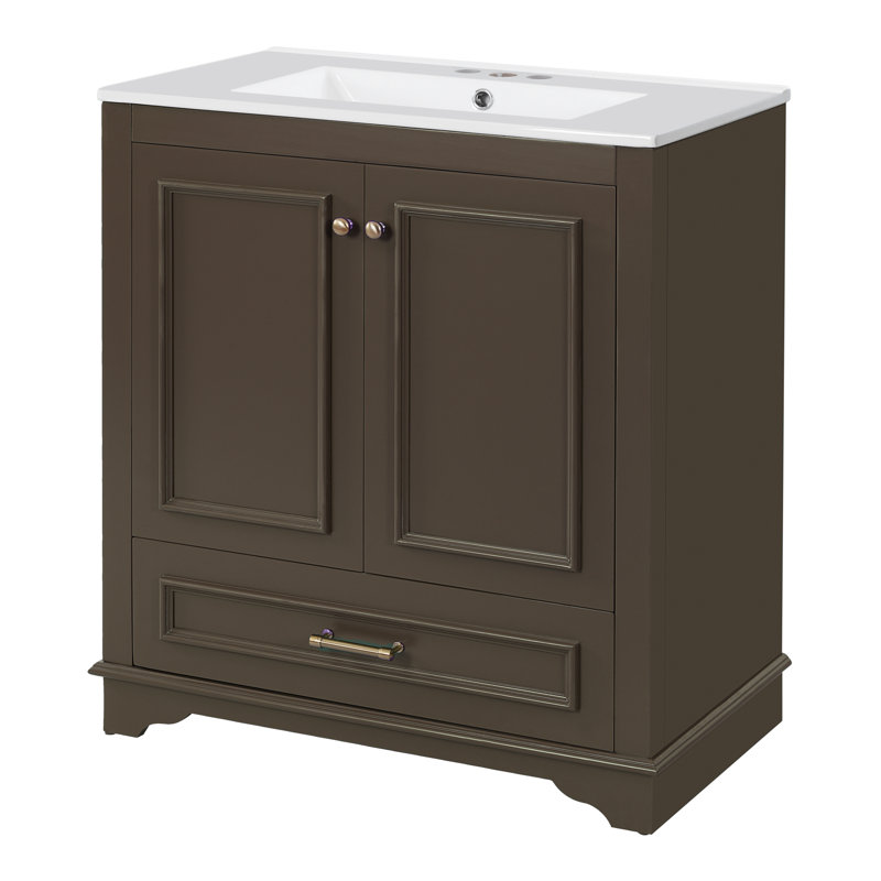 Meuble-lavabo de luxe 30 po avec comptoir en céramique, Brun