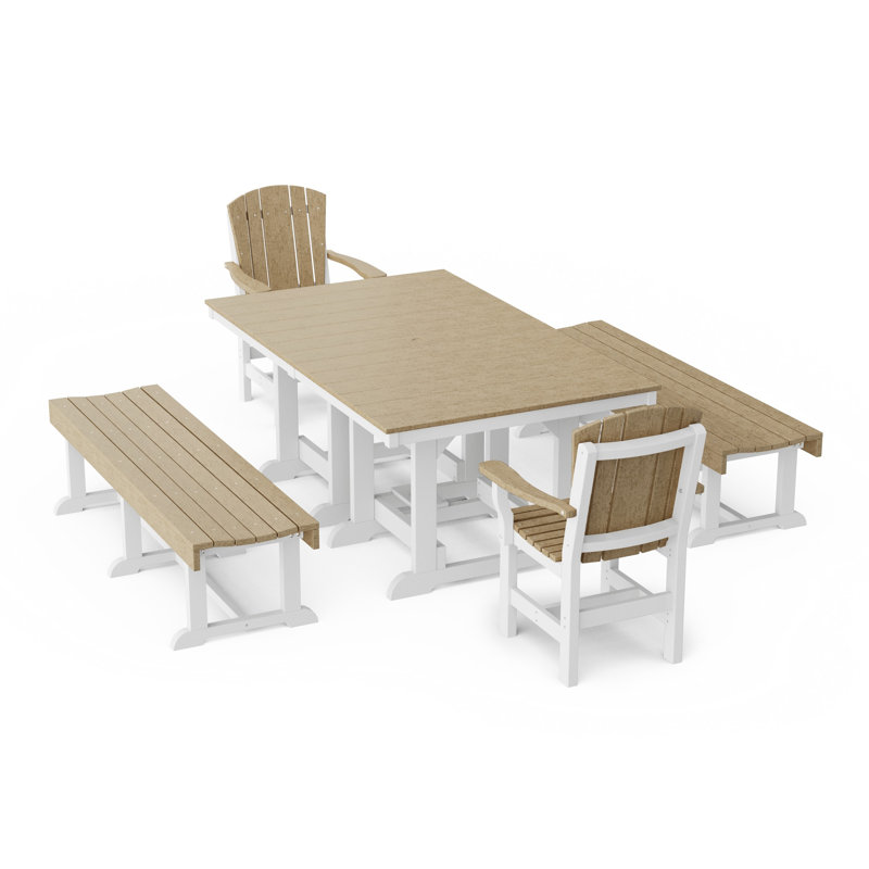 Heritage 5-Piece Rectangular Dining Set With Benches, Weathered Wood/White