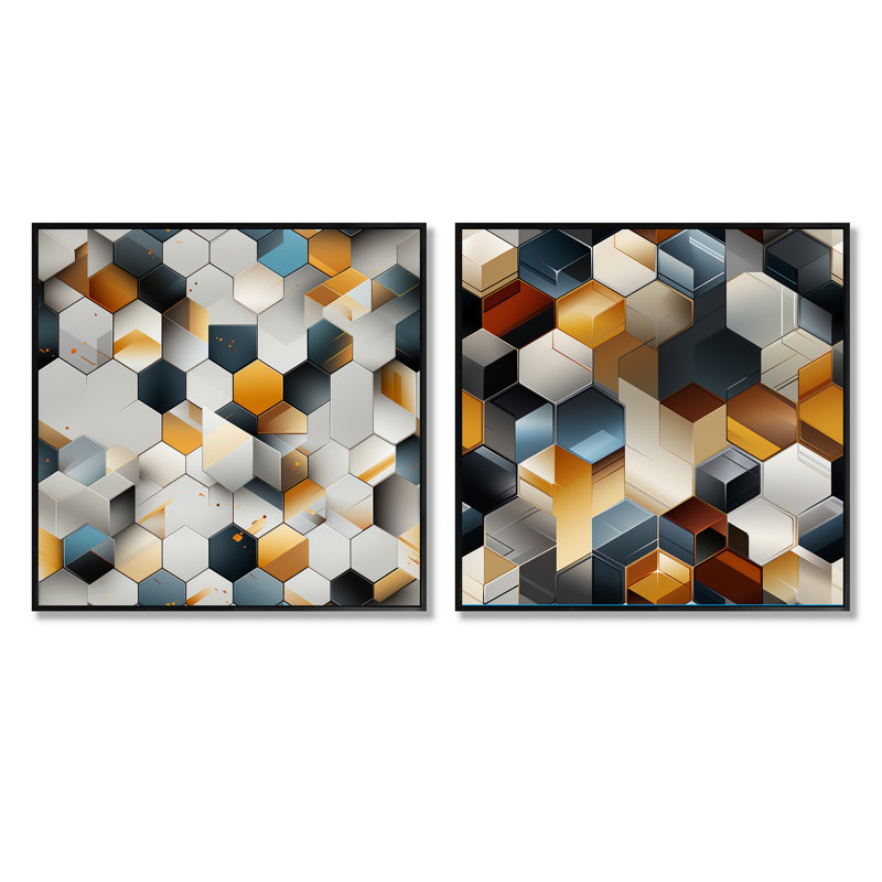 Dainera - Ensemble de 2 collages de formes carrées abstraites, Cadre flottant noir, H 16 po x l 33 po