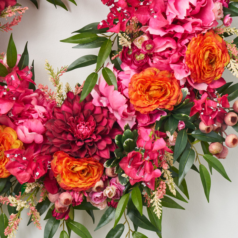 Couronne Dahlia, Bougainvillea et Renoncule printemps été, H 32 po x l 32 po x P 6 po