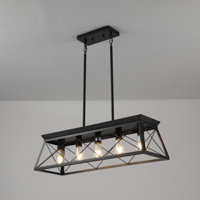 5-Light 32" Black Industrial Cage Chandelier, Adjustable Hanging Pendant Light for Living Room