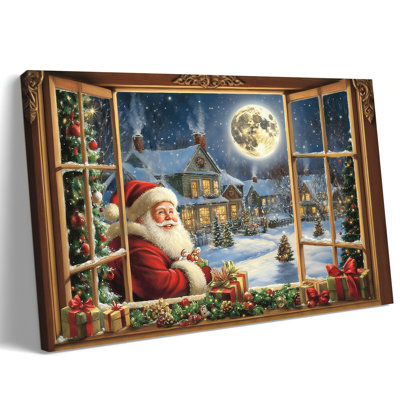 Grande Abiella - Père Noël hivernal, œuvre d'art de vacances, affiche de toile de fenêtre de village enneigé rétro, affiche de décoration murale de Noël prête à accrocher, cadeaux de Noël, décoration de maison de campagne, 24 po x 36 po