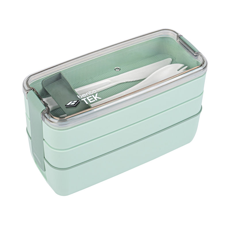 Boîte à bento 30 oz, 1 boîte-repas empilable à 3 compartiments - avec fourchette et couteau, ne contient pas de BPA, boîte à lunch réutilisable en plastique vert, lavable au micro-ondes et lavable au lave-vaisselle
