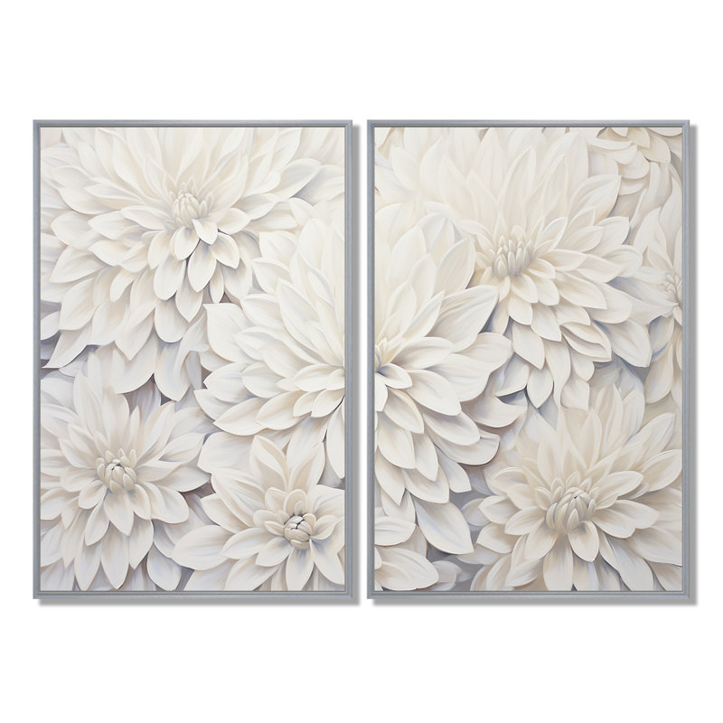 «White Dahlia Charm Collage», art mural blanc, Silver, 36" H x 48" W, Reproduction encadrée sans passe-partout