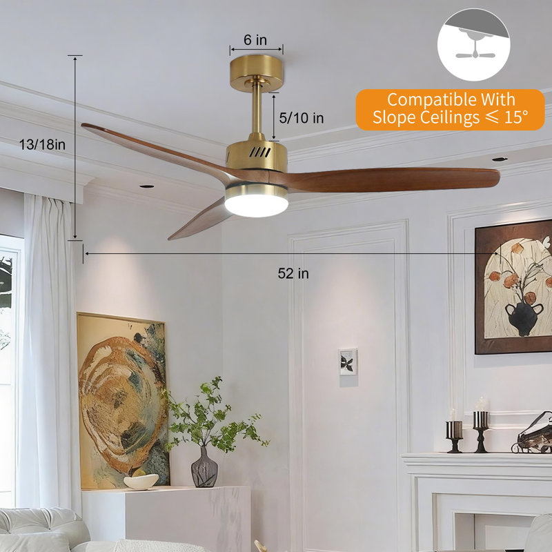Glio 52 in. Gold Walnut Downrod Standard Ceiling Fan with Integrated LED with Remote Included DC Motor Reversible, Gold