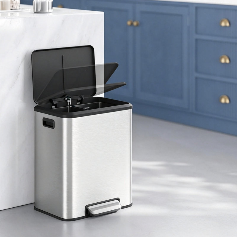2 x 15 L Kitchen Waste Bin Double Rubbish Recycling Bin Silver