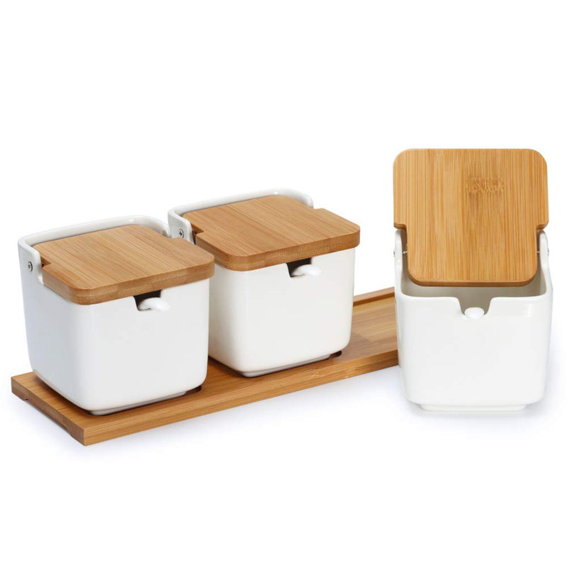 Porcelain Sugar Bowl Condiment Jar-Ceramic Flip Top Spice Container With Bamboo Lids And Spoons,For Kitchen Home