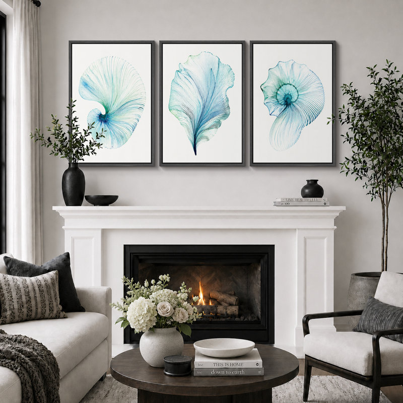 «Turquoise Shell», art de ligne, images de salle de bain, impression sur toile encadrée, 3 pièces, Cadre noir