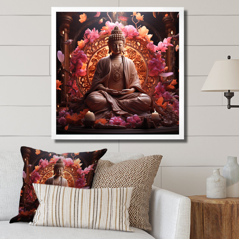 Art bouddhiste indien rose et doré, Cadre flottant blanc, H 36 po x l 36 po x P 1,5 po