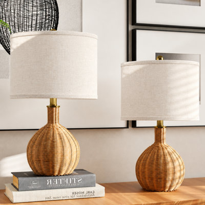 Anson 22'' Farmhouse Coastal Rattan Metal Table Lamp Set with Drum Shade