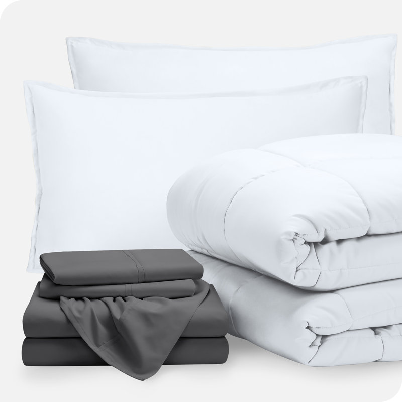 Lit dans un sac en microfibre 1800 de qualité supérieure 1800, Blanc / gris, Édredon double + 6 pièces supplémentaires