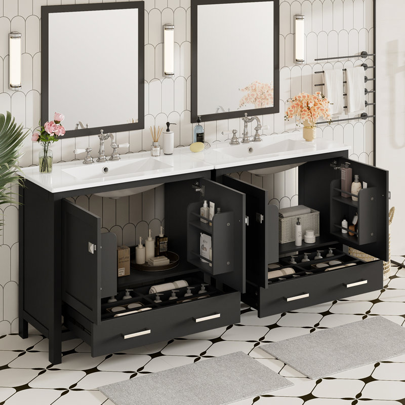 Meuble-lavabo 72 po avec lavabo en céramique, Noir