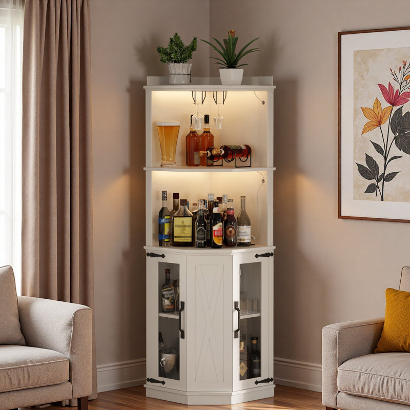 Corner Bar Cabinet With Power Outlet, Adjustable Shelves, Led Light, Glass Holders And Wine Racks