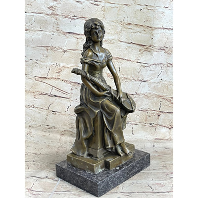 Young Girl with Guitar Musical Instrument Musician Bronze Statue Sculpture Figure 13" x 6.5"