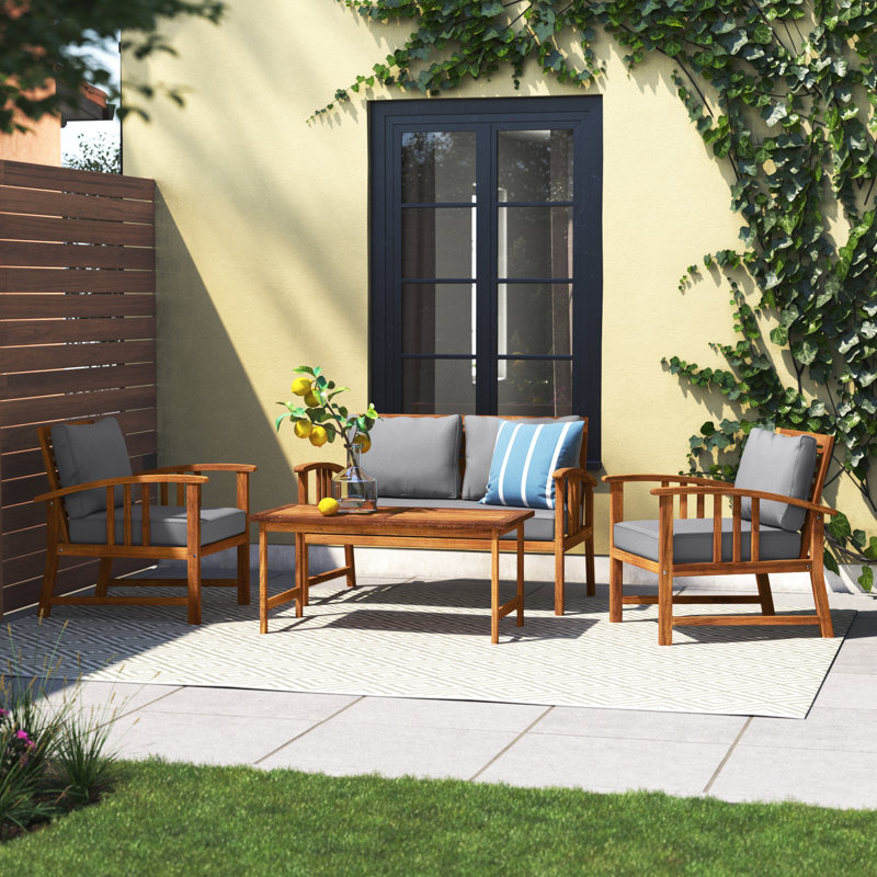 Ensemble de conversation de patio pour 4 personnes en bois d'acacia avec coussins Aisling, Gris