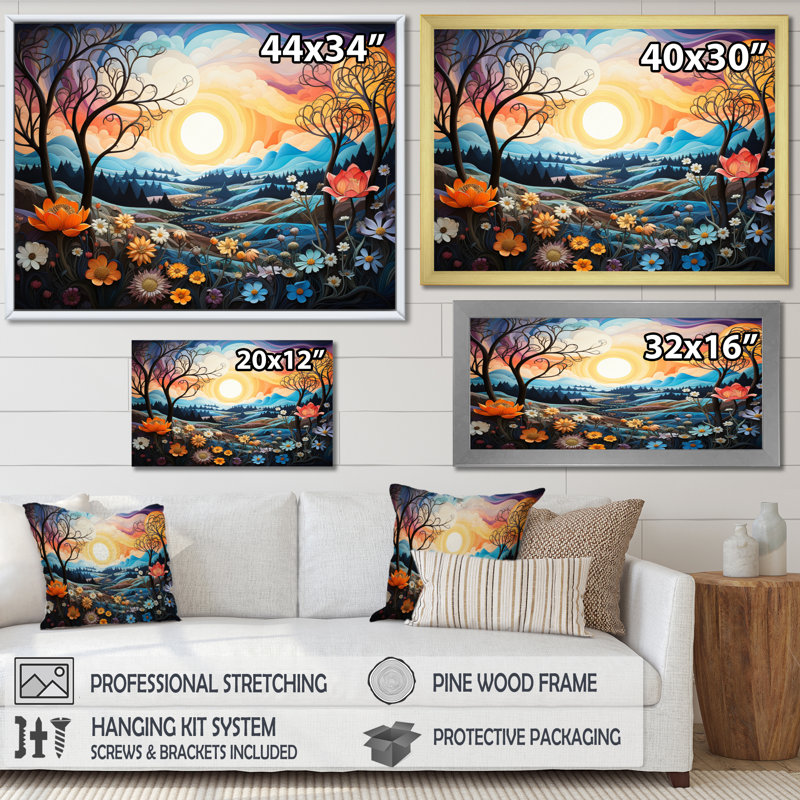 Sian Art Mandala Sky III - Asian Art Wall Decor, Encadrement doré, H 16 po x l 32 po x P 1 po