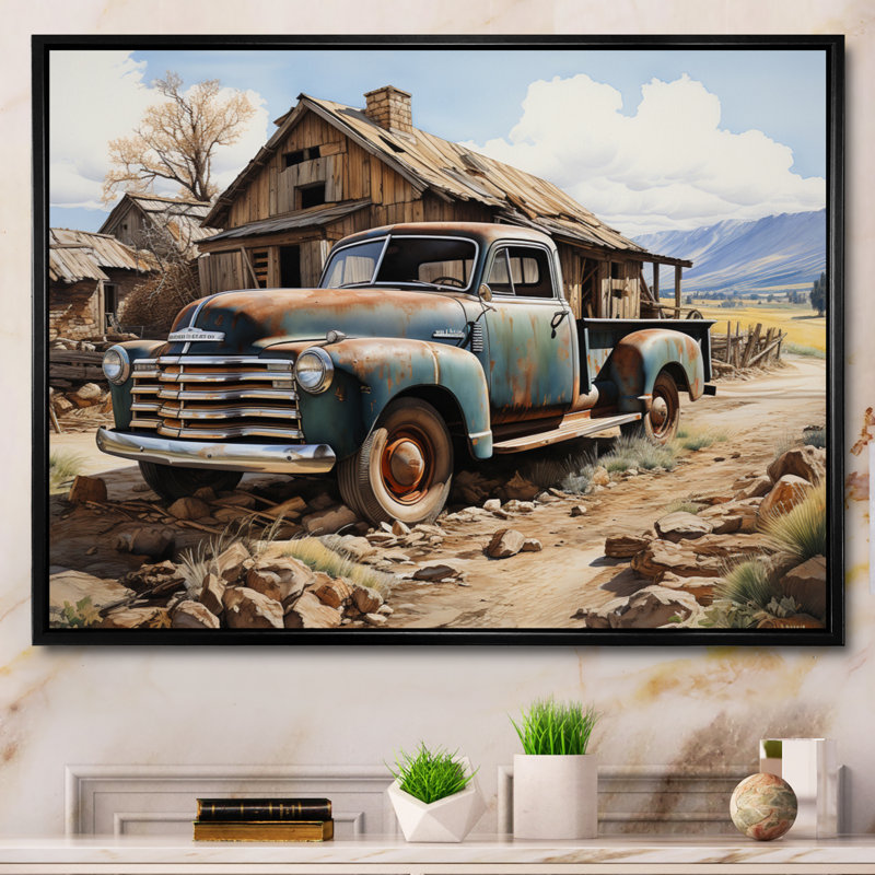 Farm Pickup Truck Elegance - Transportation Wall Decor, H 16 po x l 32 po x P 1 po, Cadre flottant noir