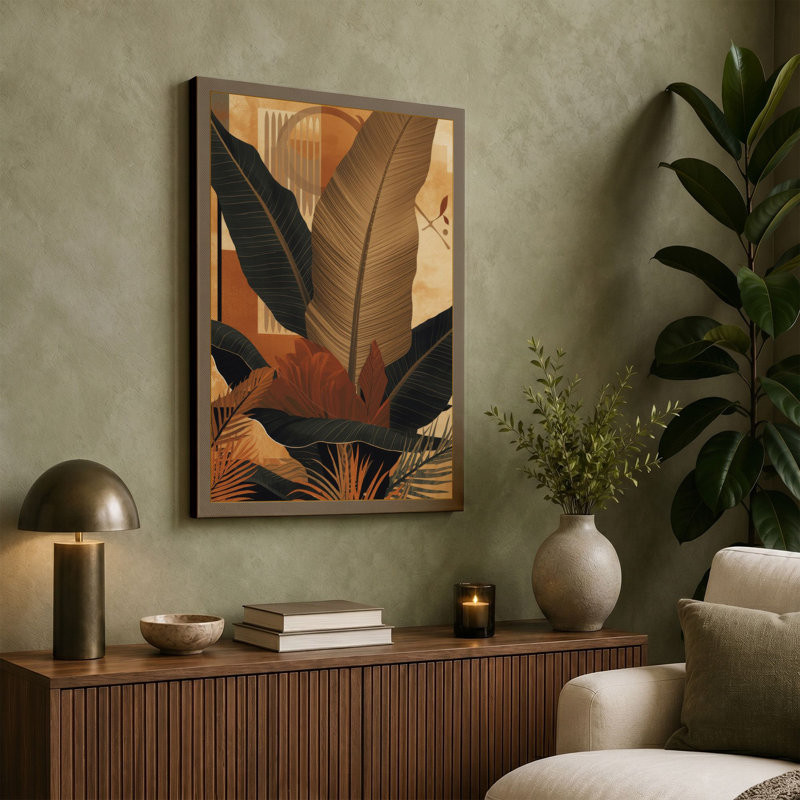 Tropical Foliage Study Botanical - Wrapped Canvas, 36x24 - 91.4 x 61.0 cm, Taupe Border
