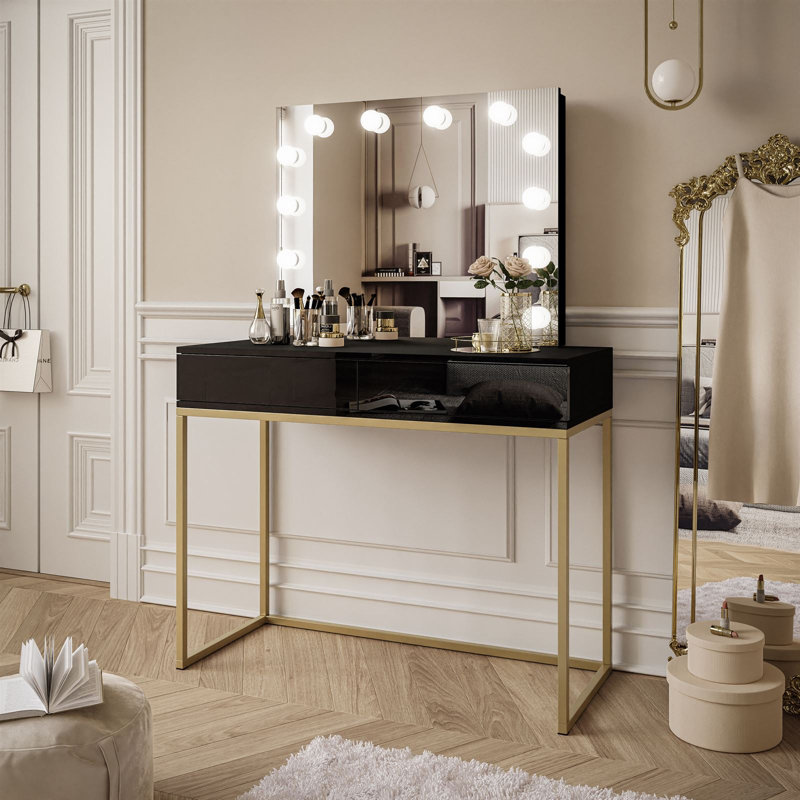 Angrist Dressing Table with Mirror, Black High Gloss/Gold Matt