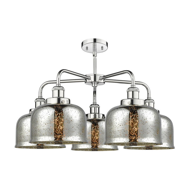 Lustre en verre à 5 lumières Bell, Argent mercuré plaqué, Chrome poli