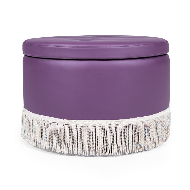 Fully Assembled Round Faux Leather Storage Ottoman with Tassel Trim, Purple PU Faux Leather