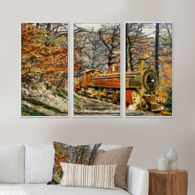 Train dans la forêt, peinture à l'huile - cadre flottant 3 pièces