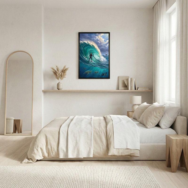 «Paddleboarder on Massive Teal Wave with Sea Turtles», art mural, 30"H x 20"W