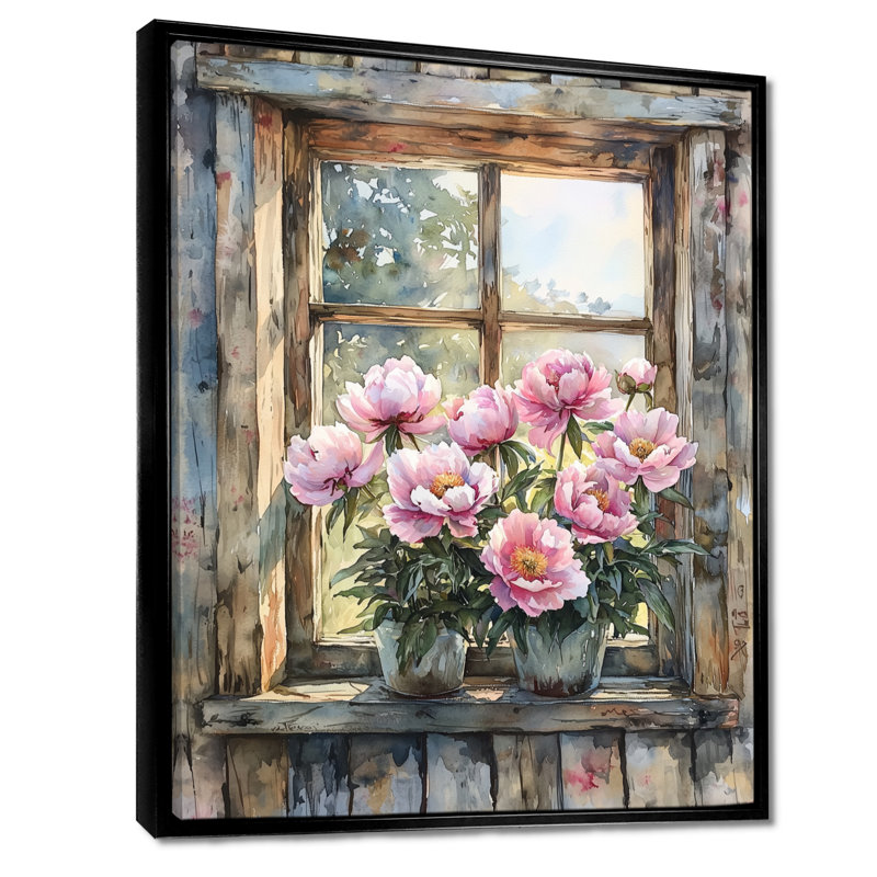 Neasden, pivoines par The Farmhouse Window II - pivoines, art mural, Noir, Reproduction avec cadre flottant