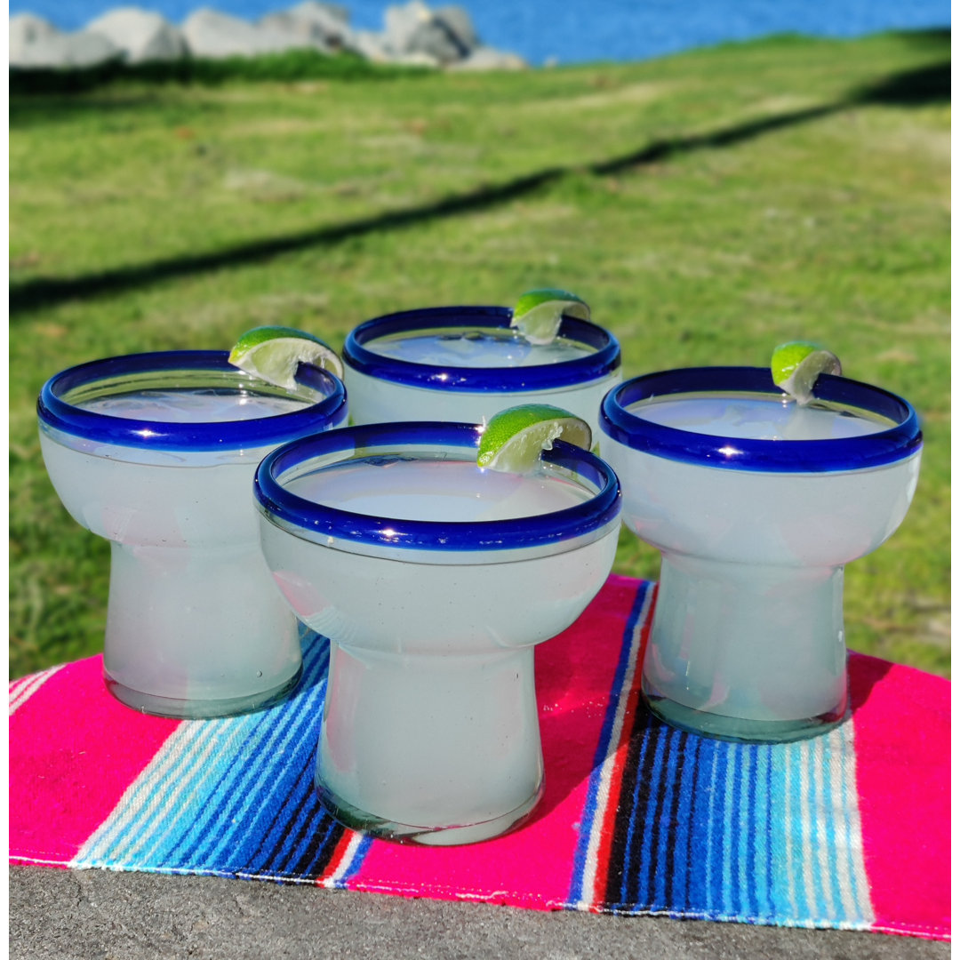 Mexican Hand Blown Glass - Hand Blown Stemless Blue Rim Margarita Glasses (14oz) (Set of 4) Longshore Tides