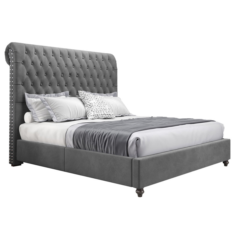 Alhaji Upholstered Wingback Bed, Dark Gray, King