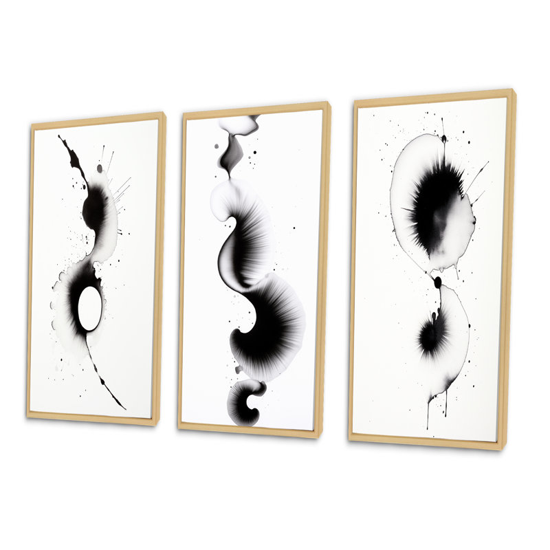 Subtle Ink Monochromatic Symphony IV - Abstract Painting Art Set Of 3 Pieces, H 32 po x l 48 po, Encadré naturel