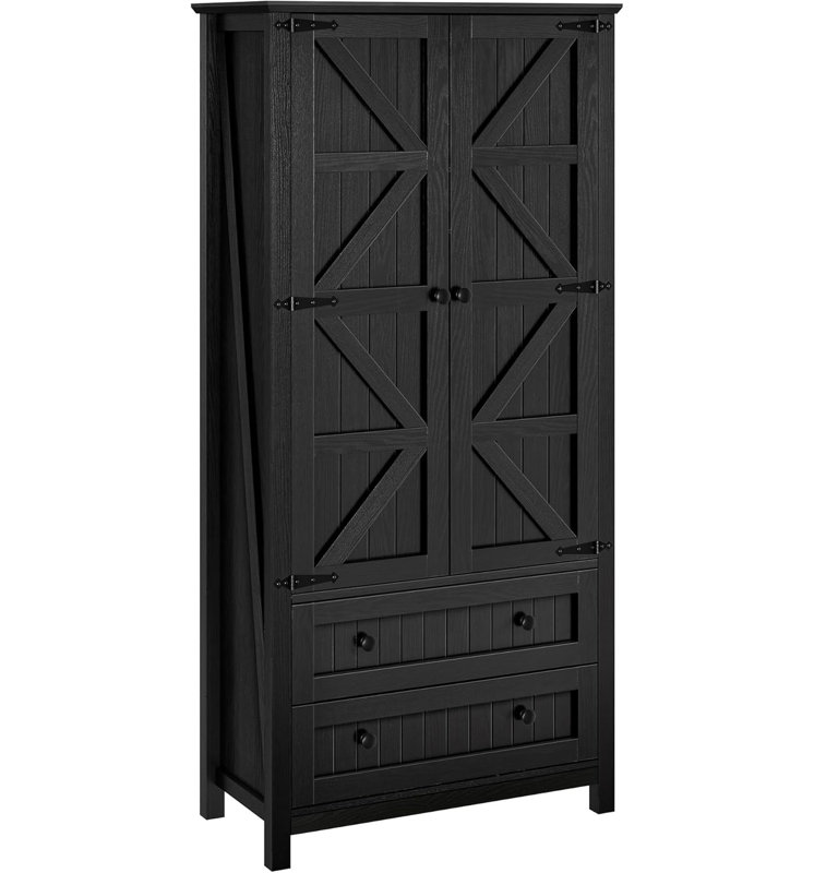 Black Farmhouse Kitchen Pantry Cabinet with Drawers and Shelves