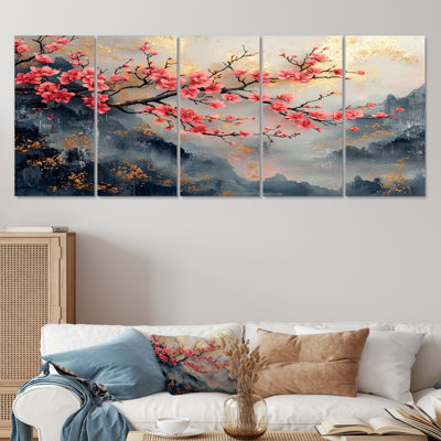 Rose et bleu, cerisier en fleurs, arbre en Chine, ensemble d'art mural sur toile
