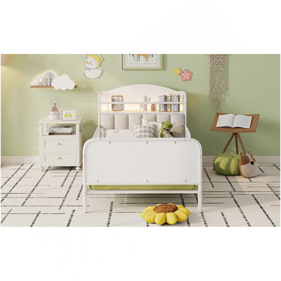  Size Metal Platform Bed Frame With Light,   Metal Bed With Upholste And Storage Headboard, 