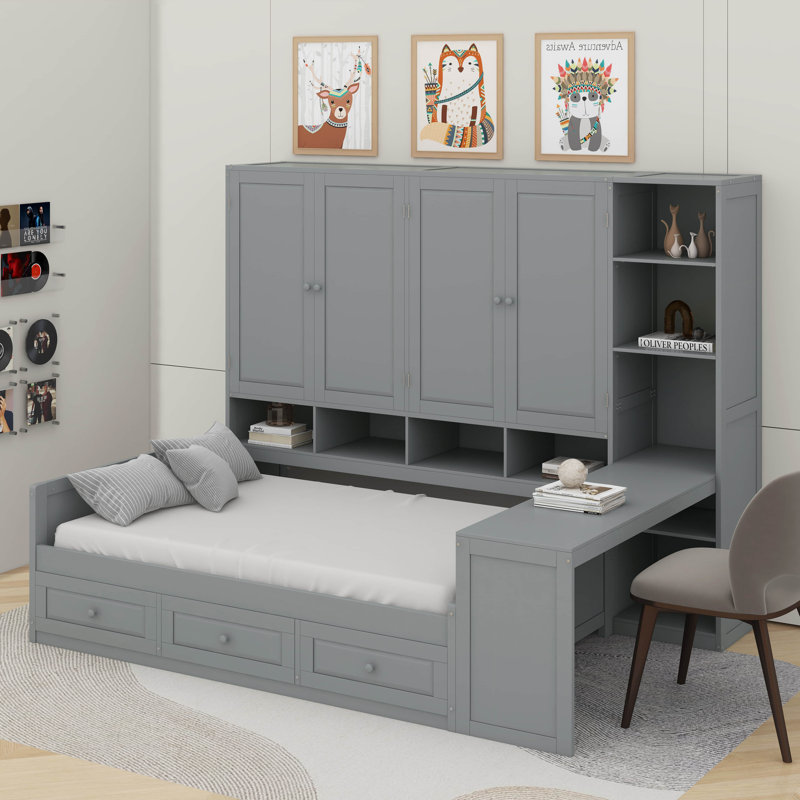 Bed with 4 Drawers, Gray