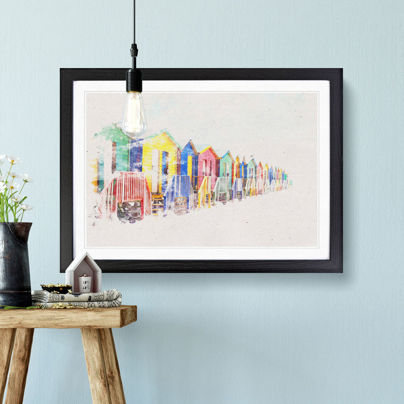 Beach Huts in Cape Town Watercolour - Picture Frame Graphic Art Print, 62cm H x 87cm W x 2cm D, Black Framed