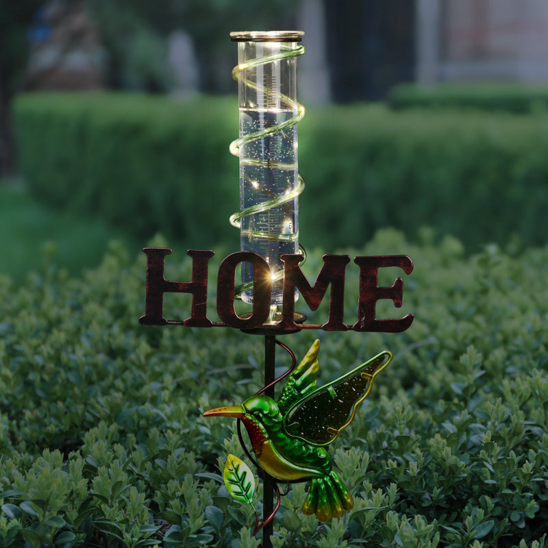 Green Metal Solar Hummingbird Rain Gauge Garden Stake