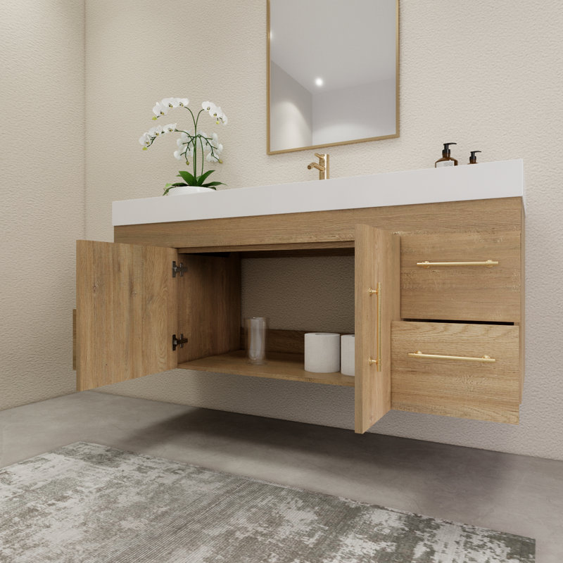 59" Wall-Mounted Single Bathroom Vanity Set, Oak