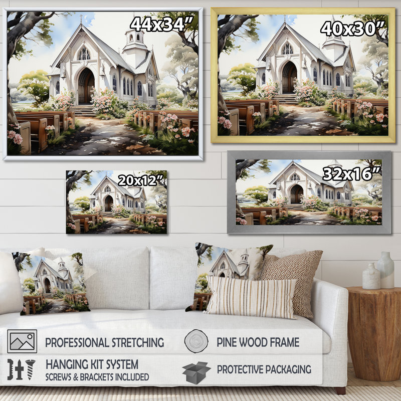 Aquarelle rustique de la chapelle blanche, H 24 po x l 32 po x P 1 po, Cadre simple noir