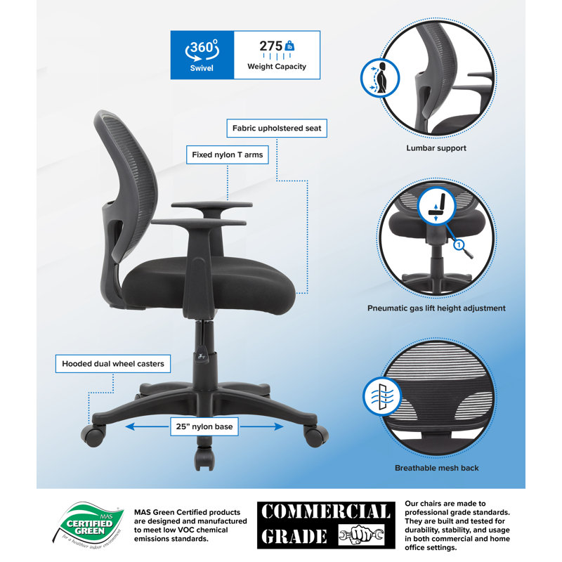 Black Mesh Task Chair with Fixed T-Arms and Lumbar Support
