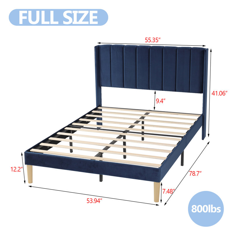 Structure de lit plateforme tapissier avec oreilles, Bleu, Lit double