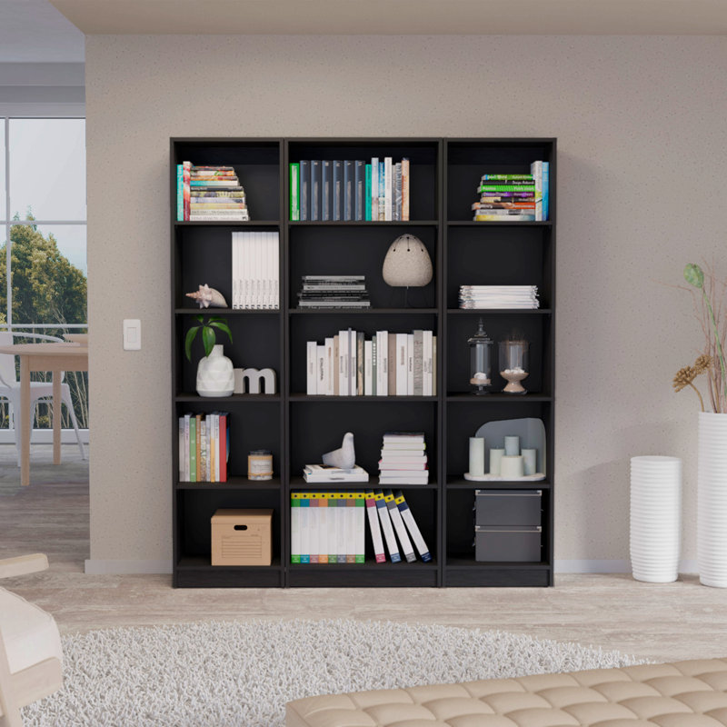3 Piece Home Bookcase Set, 60" Wide With 15 Shelves, Living Room Set Set, Black