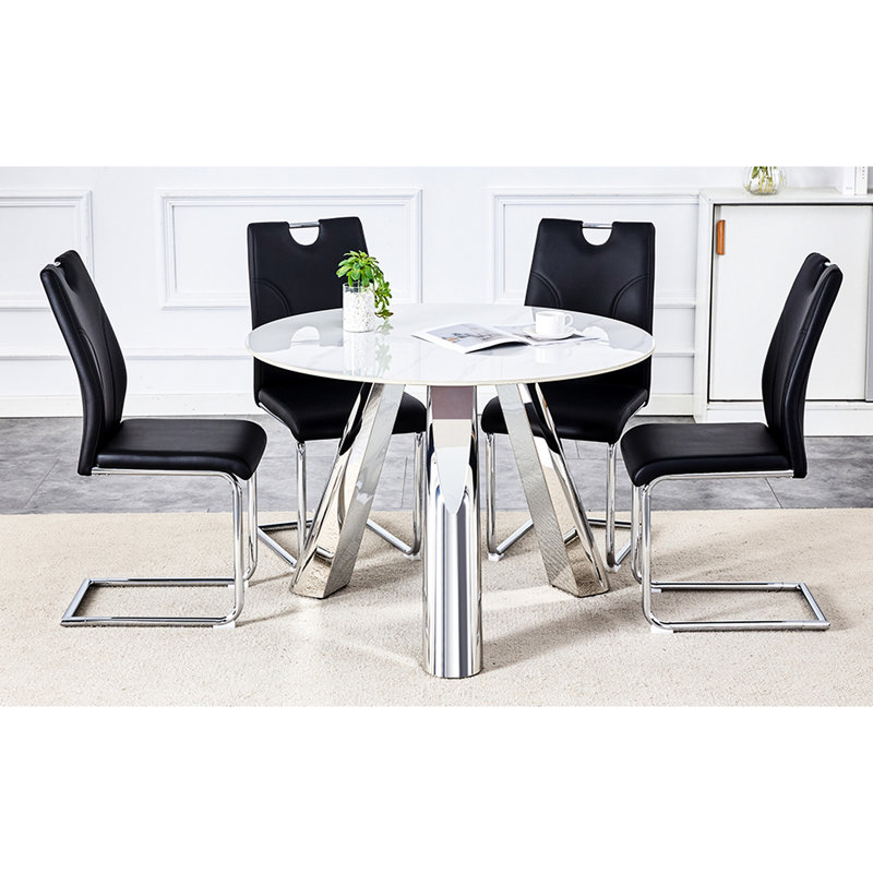 Table ronde et chaise de 42 po - Plateau en pierre frittée, pieds en métal, chaises de salle à manger noires avec support argenté, polyvalent et élégant, plateau de table en acier inoxydable de 42 po