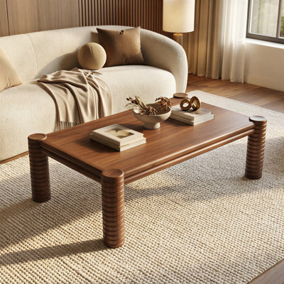 Ellis Solid Wood Coffee Table Walnut Mid-Century Modern Rectangular Table with Fluted Legs and Rounded Edges for Living Room