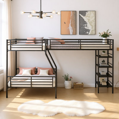 Lit superposé simple en L en forme de L avec lit simple mezzanine simple et quatre tablettes intégrées, lit triple peu encombrant, finition noire