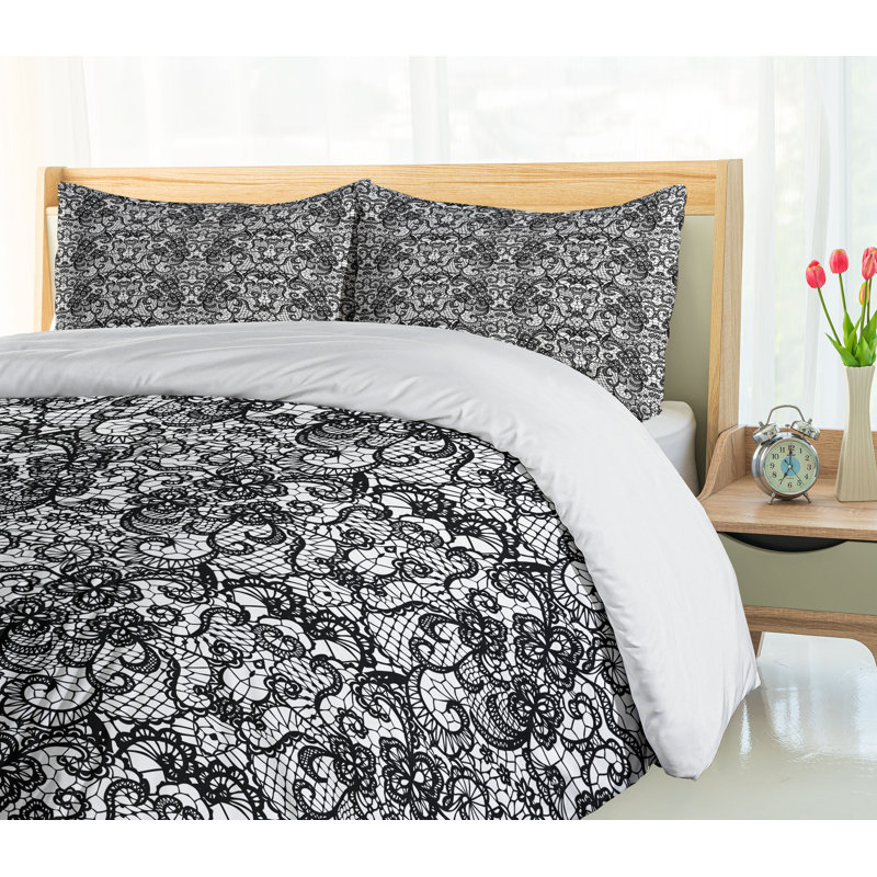Victorian Black and White Microfiber Duvet Cover Set with Pillow Shams