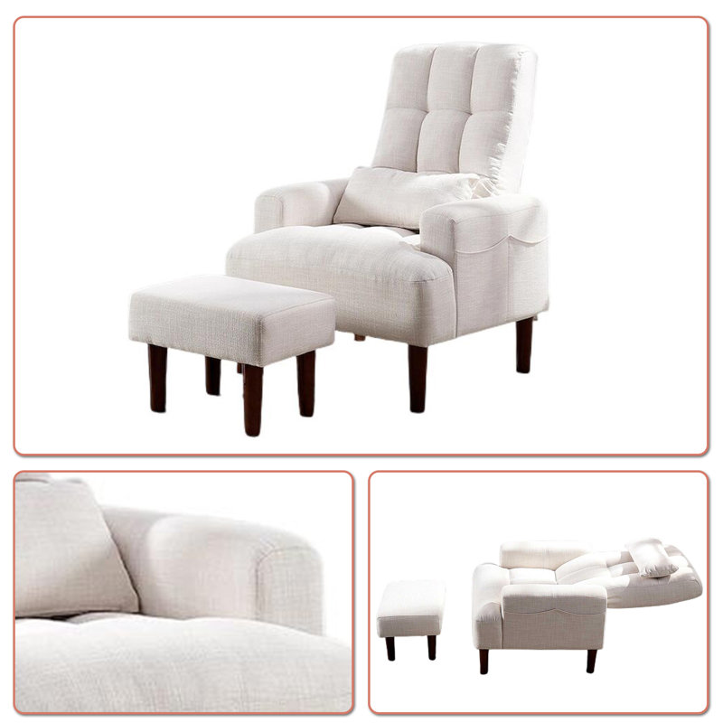 Muddathir Upholstered Waiting Room Accent Chair with Adjustable Backrest and Ottoman, White Fabric