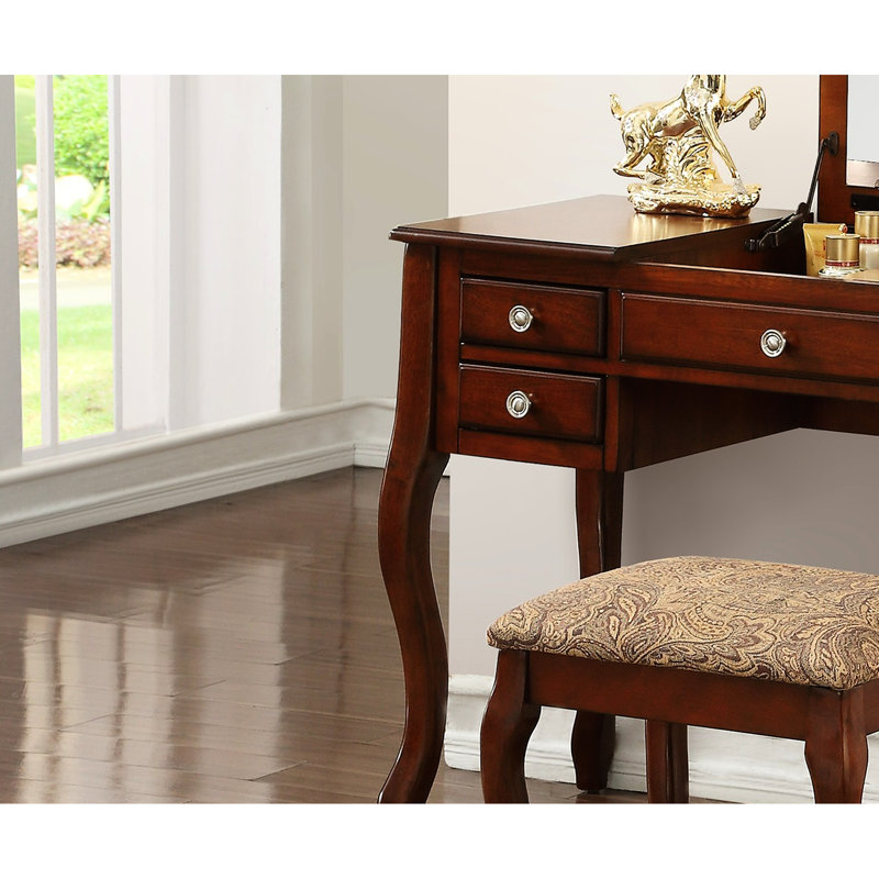Meuble-lavabo de chambre à coucher avec tabouret rembourré, finition cerisier, design élégant, matériau de contreplaqué cerisier essentiel, miroir ouvert,