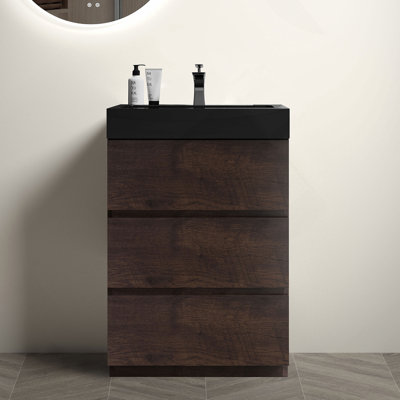 Meuble-lavabo autoportant de 24 po en noyer avec lavabo, grand meuble-lavabo autoportant pour salle de bain moderne, lavabo une pièce noir sans drain ni robinet, pré-assemblé